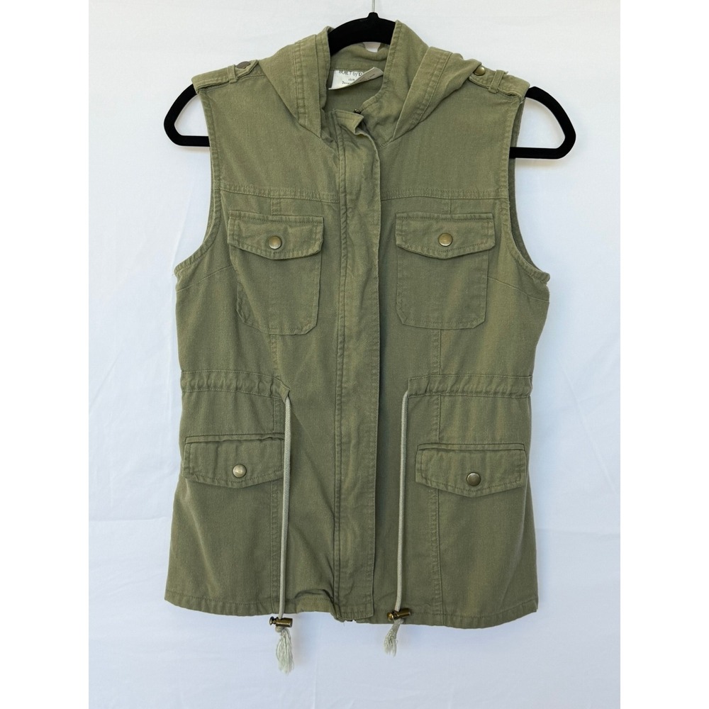 Built by Dreamers Olive Green Hooded Utility Vest Cotton Linen Womens Large